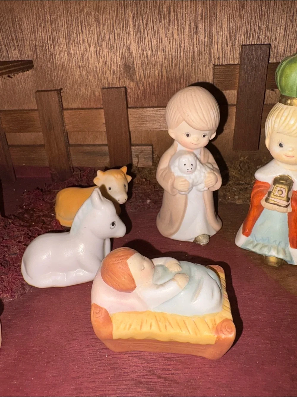 Vintage Christmas Wooden Nativity Set with Pastel Porcelain Figurines